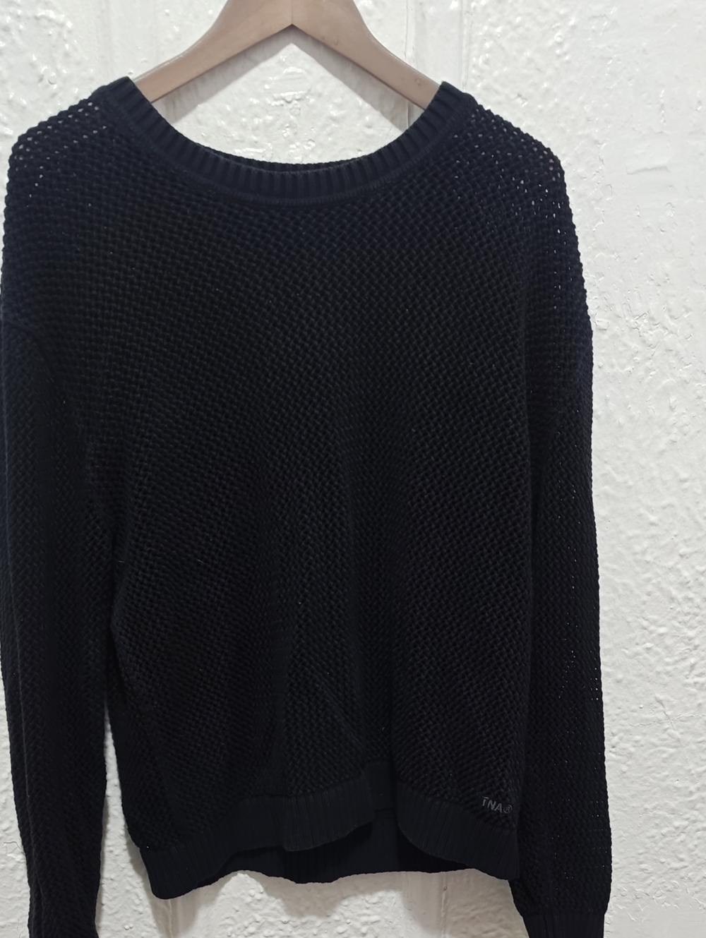 TNA Black Open-Knit Crewneck Sweater